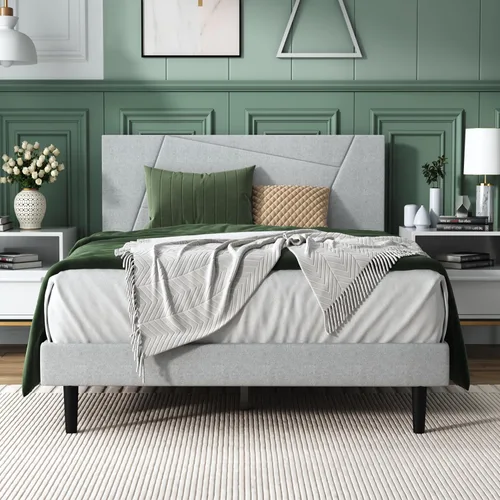 Vista 14 de IOILORI - Base de cama tamaño Full con cabecera tapizada en terciopelo de diseño geométrico, estructura robusta y listones de madera, silenciosa,