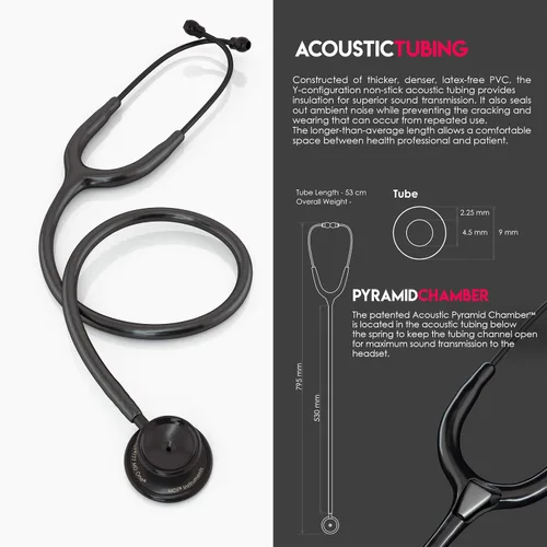 Vista 6 de MDF MD One - Estetoscopio de acero inoxidable, adulto, tubo negro, piezas torácicas y auriculares negros, MDF777BO