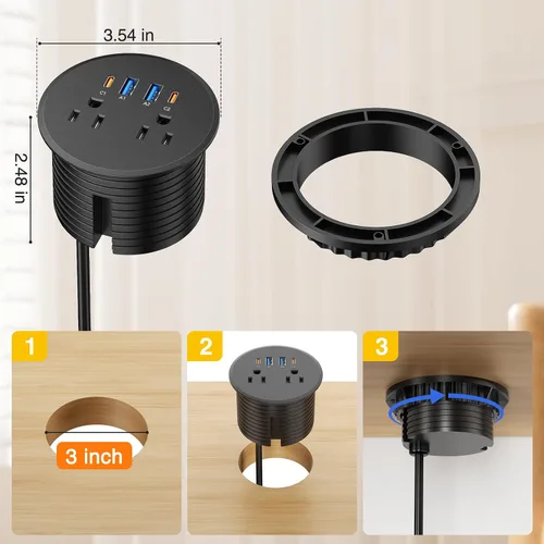 Vista 6 de Ojal de alimentación de escritorio USB-C PD 65W, 2 tomacorrientes 4 puertos Negro USB-C 65W