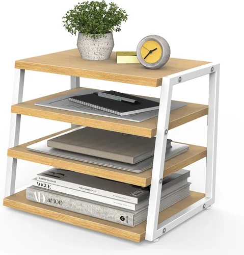 Vista 10 de Fenge Organizador de estante de escritorio, estante de escritorio de 4 niveles, estantes de oficina de madera y metal, organizador de archivos