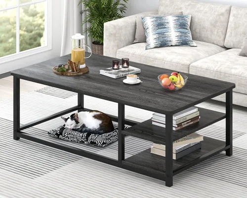 Vista 12 de EXCEFUR Mesa de centro negra, mesa de sala de estar de madera rústica con estante de almacenamiento, mesa central rectangular moderna, 47 pulgadas