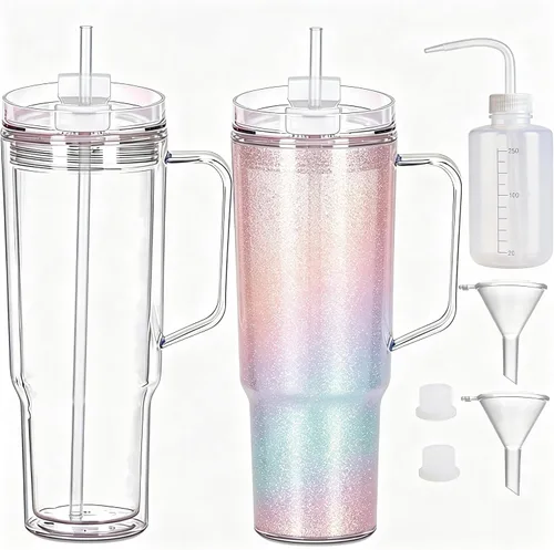 Vista 17 de Vasos de plástico de 40 onzas con asa, tapa de rosca con popote incluido, botella de agua reutilizable de doble pared a prueba de fugas, taza