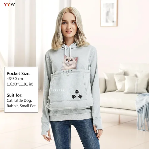 Vista 5 de YYW Sudadera con capucha para mujer, sudadera de gran tamaño con capucha para gatos, soporte para mascotas y perros (gris, M)