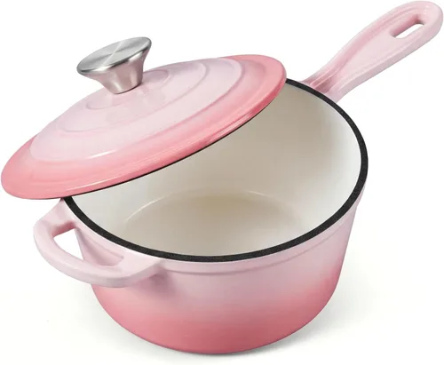 Vista 9 de Onader Sartén de hierro fundido esmaltado, cacerola pequeña de 1 cuarto de galón con tapa, olla de hierro fundido, horno holandés esmaltado, Blanco