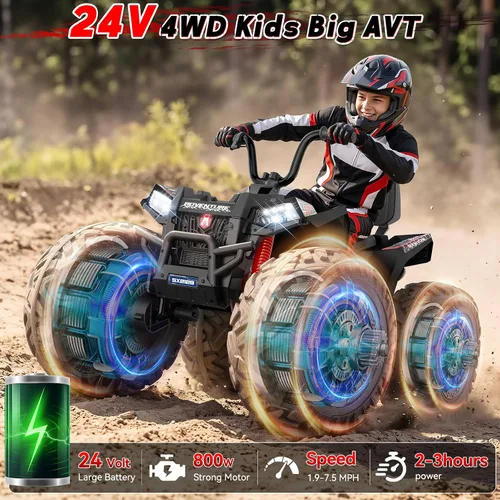 Vista 2 de 24V 4WD Kids ATV 4 Wheeler Ages 5-14 w/800W Powerful Motor, 200 Lbs, Black