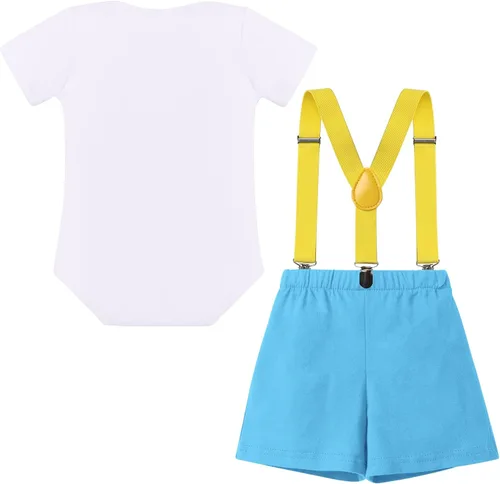 Vista 2 de Conjunto de traje de banderín para el primer cumpleaños de bebé niño, pajarita, pantalones cortos, tirantes en la espalda en Y, sesiones de fotos