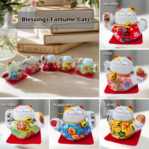 Vista 3 de Estatua de Gato de la Suerte, Conjunto de Figurillas de Cerámica China, 5 Gatos Mini de la Fortuna, Conjunto de Decoración, Pequeño Adorno