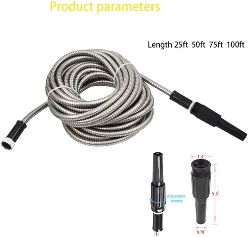 Vista 2 de WFLNHB Manguera de jardín flexible y ligera de acero inoxidable 304, mangueras de agua de metal ligero con boquilla para portátil (25)