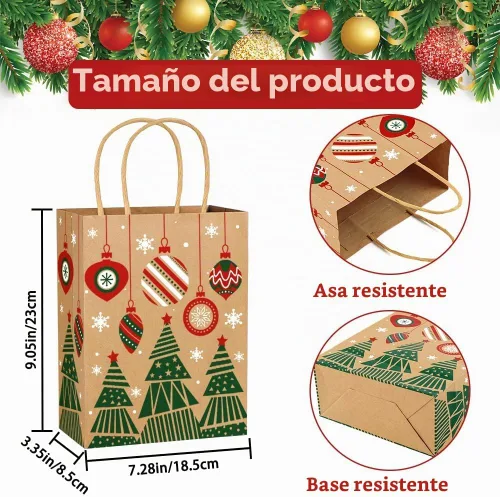 Vista 2 de Vellibring 24 piezas de bolsas de regalo de Navidad Kraft, bolsas de papel de Navidad con asa, bolsas de papel de Navidad con estampados navideños