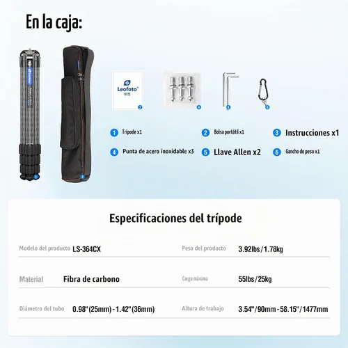 Vista 7 de LEOFOTO Trípode de fibra de carbono de 58 pulgadas, trípode compacto de viaje ligero para cámara sin espejo, DSLR, 4 secciones con diámetro máximo
