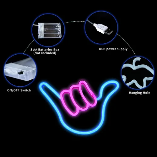Vista 8 de ENUOLI Shaka Hand - Letreros de neón LED para decoración de pared, lámparas nocturnas alimentadas por USB y baterías, letreros iluminados para Rosa