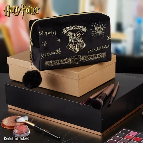 Vista 6 de Harry Potter Regalos para mujeres, bolsa de maquillaje de terciopelo, bolsa de cosméticos, organizador de viaje, pequeña bolsa de aseo para Negro
