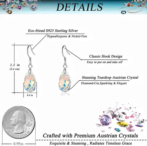 Vista 23 de Aretes colgantes de cristal austriaco con forma de lágrima para mujer, joyería hipoalergénica de plata de ley 925