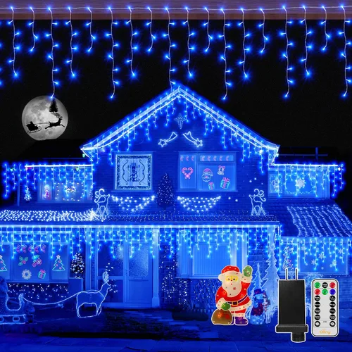 Vista 10 de Ollny Icicle Lights 720LED 60FT, luces de Navidad blancas frías con control remoto, 8 modos regulables, impermeables, enchufables, temporizador, luz