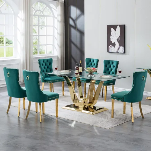 Vista 19 de Moderno juego de mesa de comedor de cristal de 5 piezas para 4, 70 pulgadas rectangular con 4 sillas copetudas de terciopelo beige, juego de mesa