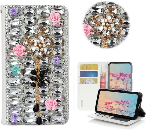 Vista 9 de Bling - Funda tipo cartera para teléfono compatible con Samsung Galaxy Z Fold 3 5G, elegante, hecha a mano, atrapasueños con colgante de perlas
