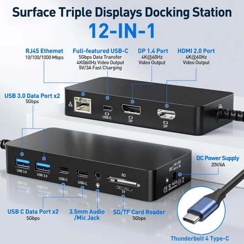 Vista 2 de Surface Thunderbolt 4 Estación de acoplamiento, base de superficie de pantalla triple 4K 12 en 1 con HDMI, DP, Thunderbolt 4, Gigabit Ethernet