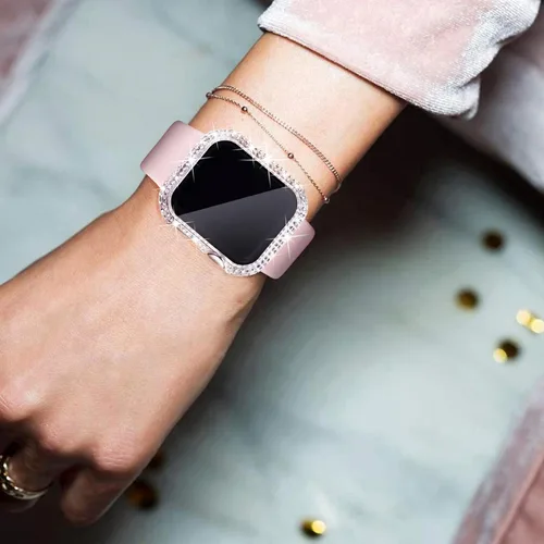 Vista 7 de NewWays Paquete de 2 fundas brillantes con diamantes completos para Apple Watch 40mm para mujeres, protector de diamantes completamente pavimentado