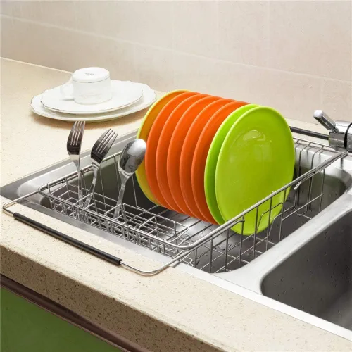 Vista 2 de Escurridor de platos, escurridor de platos expandible, estante grande profundo para platos en fregadero en encimera, acero inoxidable a prueba