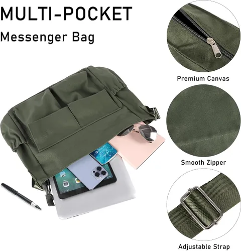 Vista 6 de Bolso bandolera de lona para hombres y mujeres, bolso vintage para laptop, bolsa grande con múltiples bolsillos