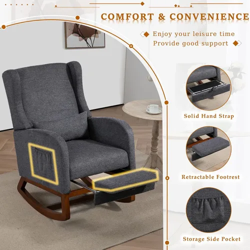 Vista 4 de Mecedora moderna para guardería, cómoda silla mecedora con reposapiés, sillón de lectura acentuado con almohada y bolsillo, mecedora tapizada