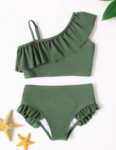 Vista 2 de Arshiner Traje de baño de dos piezas para niñas con volantes y ondas estampado, conjunto de bikini, traje de baño para niña con almohadilla