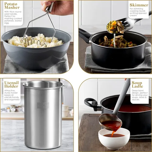 Vista 5 de Bartnelli Juego de utensilios de cocina de 11 piezas con soporte, utensilios de cocina antiadherentes de acero inoxidable con mango resistente al