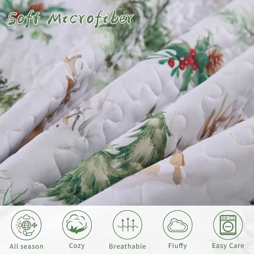 Vista 5 de DJY Juego de edredón navideño tamaño queen, patrón de renos y árboles de Navidad, juego de ropa de cama navideña, suave microfibra verde y blanco