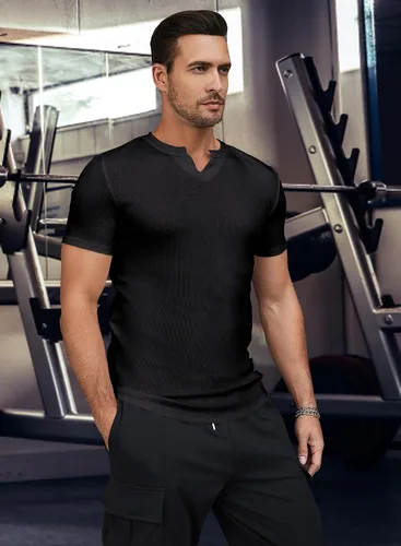Vista 3 de JMIERR Camiseta ajustada para hombre con cuello en V y cuello en V, camiseta Henley para gimnasio, entrenamiento, atlética
