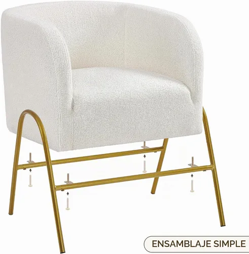Vista 6 de Yaheetech - Silla decorativa moderna, con patas doradas, color marfil Boucle Fabric Vanity Chair, Cozy Fuzzy Armchair for Living Room Makeup Room