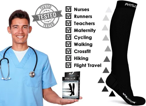 Vista 5 de Physix Gear - Calcetines de compresión 20-30 mmHg, para hombres y mujeres, para correr, enfermeras, espinillas, vuelo, viajes Negro