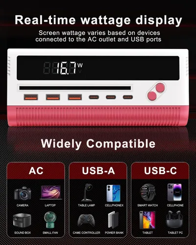 Vista 4 de Estación de carga USB 10 en 1, regleta de alimentación de 4 salidas con 6 USB, cable de extensión de 5 pies de largo, enchufe plano de 45°, estación