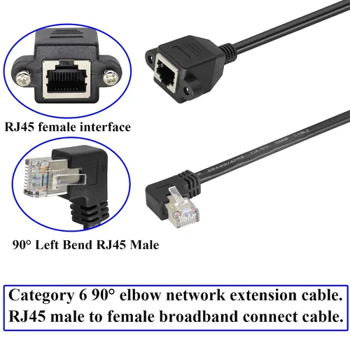 Vista 4 de Cable de extensión de red LAN RJ45 en ángulo izquierdo Cat6 RJ45 de 90 grados macho a hembra blindado para red Ethernet de montaje en panel