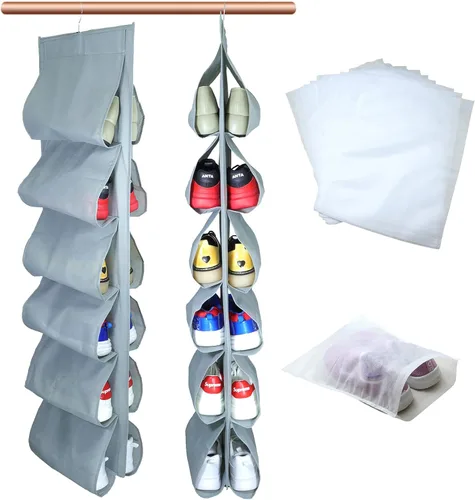 Vista 8 de Paquete de 2 organizadores de zapatos colgantes con 12 bolsillos grandes para armario con colgador para almacenamiento de zapatos de hombre, ropa