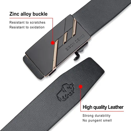 Vista 2 de BISON DENIM - Cinturón de cuero genuino con trinquete ajustable para hombre, hebilla automática, cinturón negro para jeans