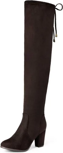 Vista 18 de DREAM PAIRS - Botas altas hasta el muslo de moda para mujer, botas largas y sexis de piel sintética con tacón ancho medio Negro