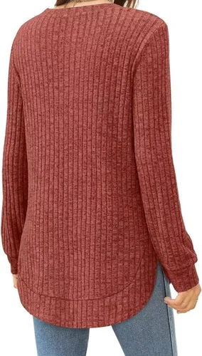 Vista 4 de Suéteres básicos de otoño para mujer, manga larga, cuello redondo, suéter de invierno de punto acanalado, suéter de invierno