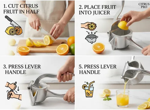 Vista 5 de Exprimidor manual - Exprimidor manual de frutas para naranja, limón, lima y cítricos - Exprimidor de jugo de metal resistente con base antideslizante
