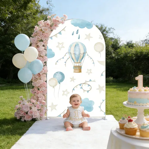 Vista 2 de FiVan Cubierta de fondo de arco de elastano, globo aerostático, cubierta de fondo azul para decoración de fiesta de cumpleaños de bebé, baby shower