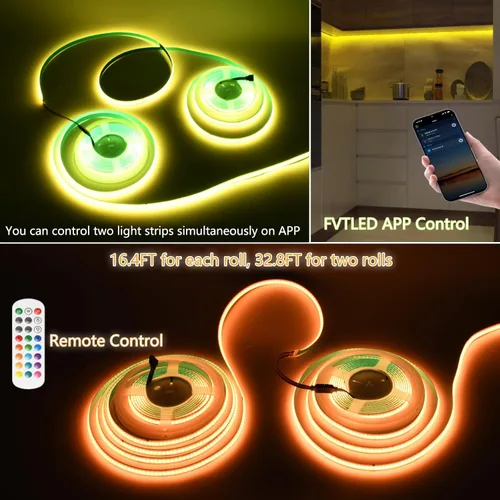 Vista 3 de Tira de Luz LED RGB COB 32.FT/10M (2 Rollos de 16.4FT/5M), Tira LED COB Ancho 10mm/5760 LEDs, Tira de Luz LED Cambiante de Color 24V con Control