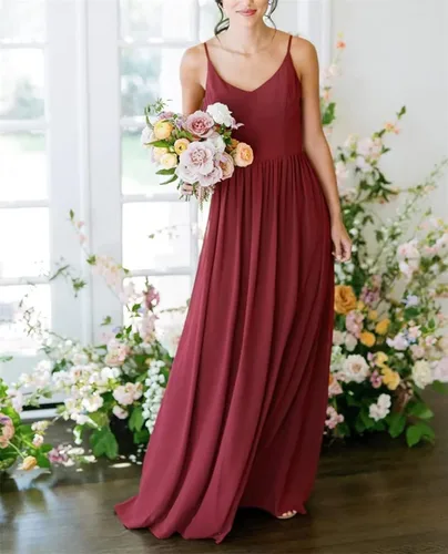 Vista 2 de Vestido formal de gasa con cuello en V para mujer, vestido formal hasta el suelo