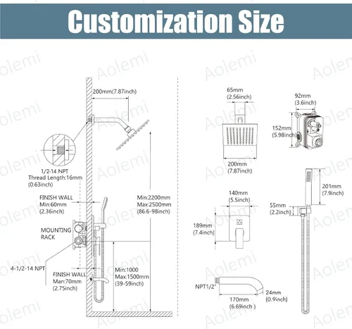 Vista 2 de Aolemi Sistema de ducha tipo lluvia, juego combinado de cabezal de ducha con relleno de bañera, ducha de mano, válvula de lujo incluida para montaje