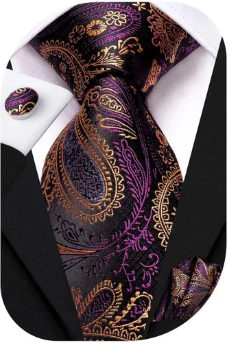 Vista 63 de Hi-Tie Corbatas de seda para hombre, diseño de cachemira a rayas, con bolsillo, gemelos cuadrados, conjunto formal de negocios