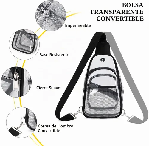 Vista 7 de Bolsa transparente para eventos en estadios, mochila transparente para mujer, impermeable, de PVC, cangurera cruzada para conciertos