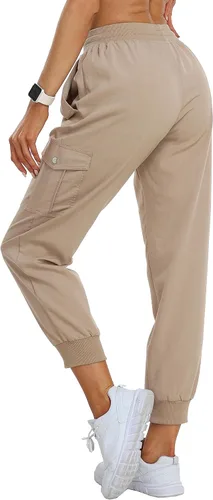 Vista 3 de MoFiz Pantalones cargo para mujer, ligeros, con cintura elástica, pantalones deportivos de senderismo, pantalones casuales de viaje con bolsillo