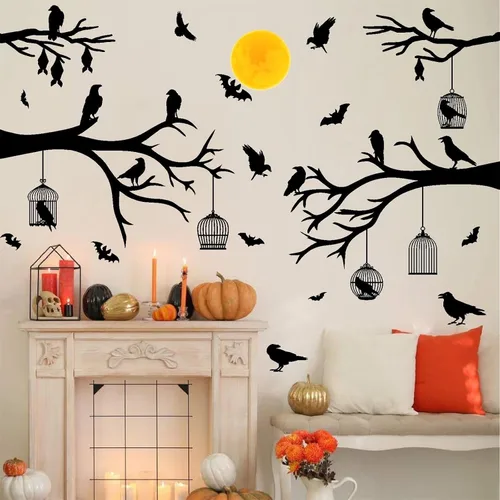 Vista 11 de Barri Design Calcomanías de pared de murciélago de Halloween, árbol de luna, bruja, calcomanías de pared extraíbles para Halloween, calcomanías