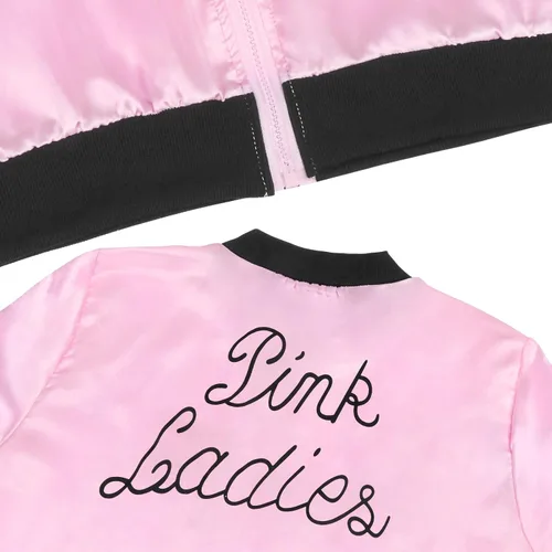 Vista 5 de DuyaJoinX Chaqueta de satén rosa de los años 50 para mujer y niña, cuello negro, disfraz vintage de Halloween con bufanda de cuello de lunares