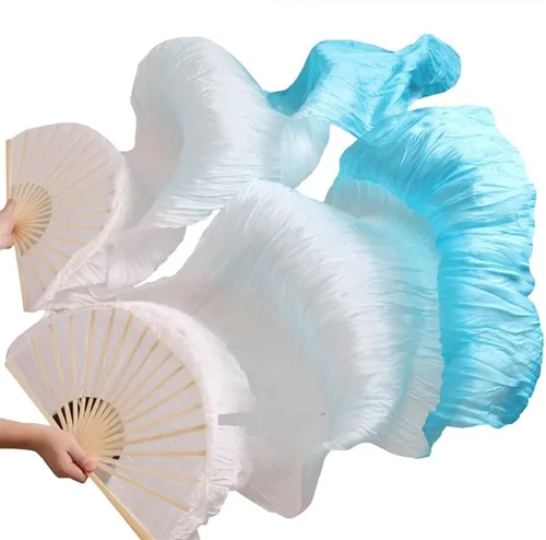 Vista 10 de 1 par (izquierdo + derecho) de abanicos de seda artificial de bambú para danza del vientre, abanicos de tela coloridos para danza, abanicos largos