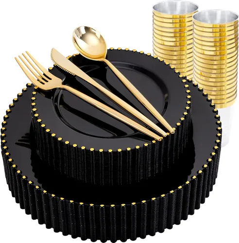 Vista 15 de supernal 100 piezas Platos de plástico negros y dorados, platos desechables negros, suministros de fiesta de Halloween que incluyen 50 platos