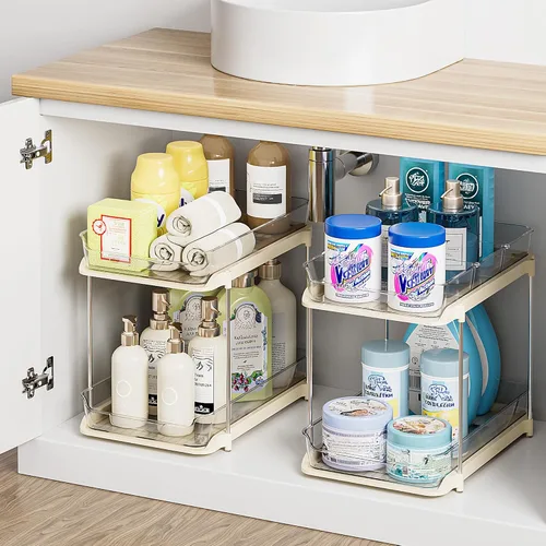 Vista 8 de Delamu Organizadores y Almacenamiento Multiusos de 2 Niveles para Debajo del Fregadero del Baño, Organización Apilable de Despensa de Cocina